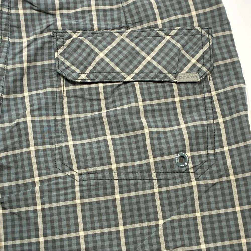 PrAna Swim Trunks Drawsting Gray Plaid Print Unlined Size 30